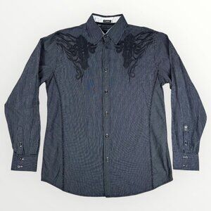ROAR Classic Mens Large Pinstriped Embroidered Button Up Long Sleeve Black Shirt
